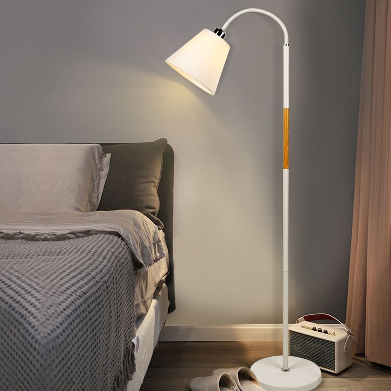 Nordic Single Floor Lamp Black/White and Wood Gooseneck Standing Light with Cone Fabric Shade