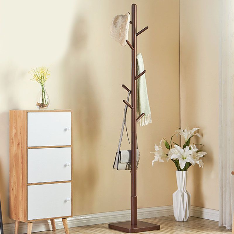 Modern Free Standing Hall Tree, 69" Rubberwood Solid Wood Hall Tree with Wood Hook