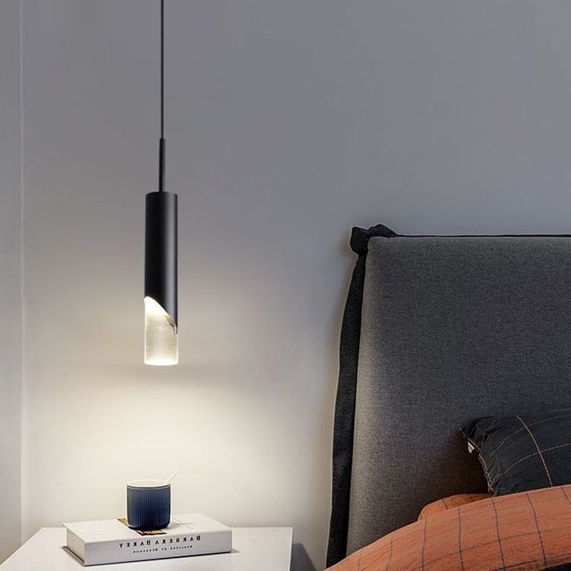 Modern Simplicity Cylindrical LED Hanging Lamp Electroplate Metal Pendant Light with Acrylic Shade