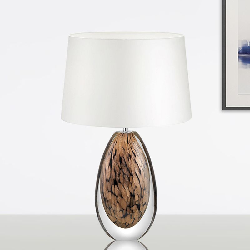 1 Head Tapered Table Lamp Modernist Fabric Desk Light in White with Teardrop Brown Glazed Crystal Base