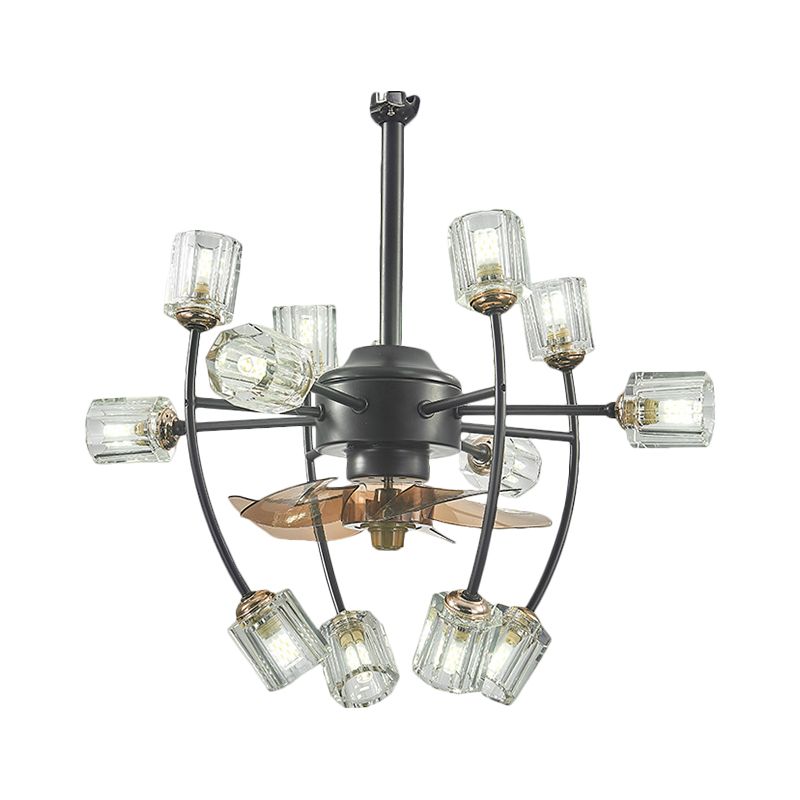 23.5 Wide 12 Bulbs Hanging Fan Light Traditional Scroll Frame Crystal Cylinder Shade 3 Blades Semi-Flush in Black