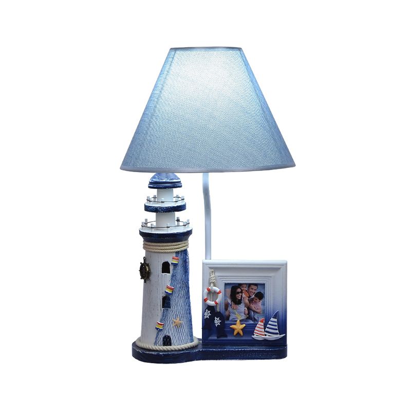 Lighthouse Wood Night Lamp Kids 1 Bulb Blue Table Light with Fabric Shade and Photo Frame