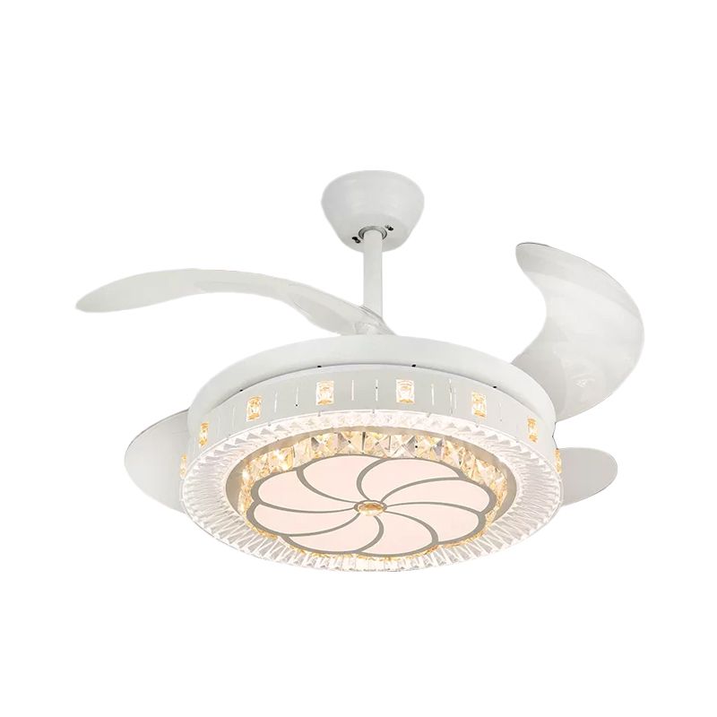 19" Wide White Layered Ceiling Fan Light Modernist LED Crystal Semi Flush Mount, 4 Blades