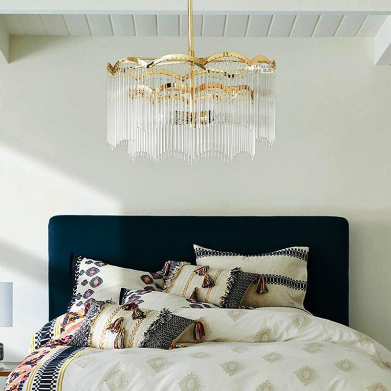 LED Bedroom Ceiling Chandelier Modern Gold Hanging Light with Round Crystal Rod Shade