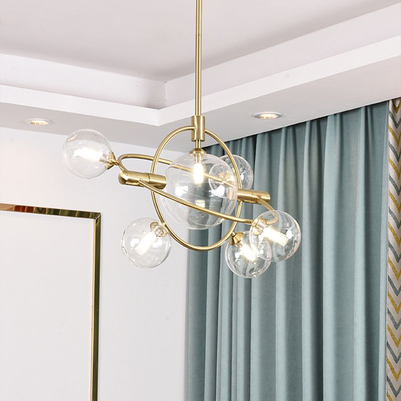 Gold Concentric Ring Pendant Light with Sphere Shade Amber/Clear/Smoke Glass Contemporary Chandelier for Living Room