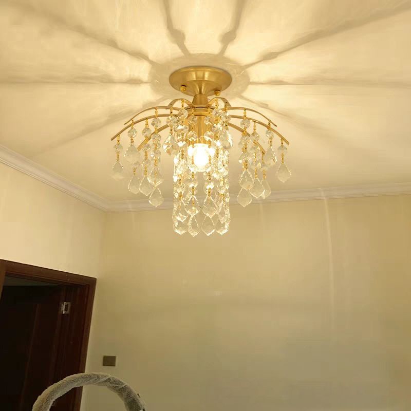 Modern Cascade Semi Flush Mount Crystal 1 Light Corridor Ceiling Light Fixture in Gold