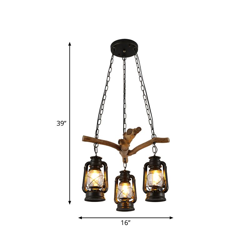 3/4 Lights Lantern Ceiling Light with Adjustable Metal Chain Industrial Clear Glass Hanging Chandelier in Black