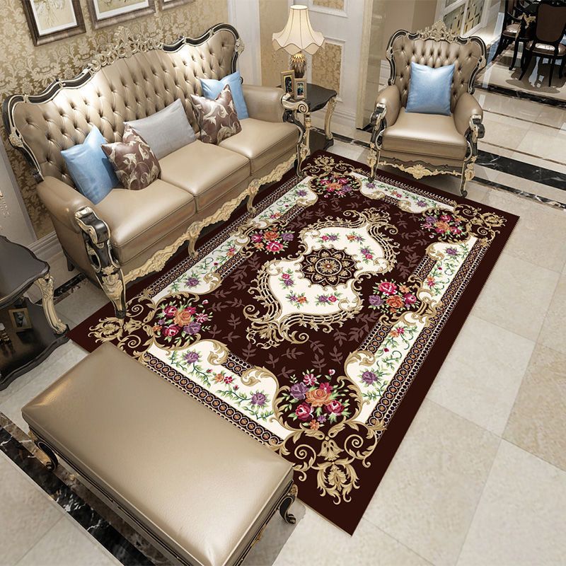 Navy Flower Rug Polyester Extravagant Rug Washable Rug for Living Room