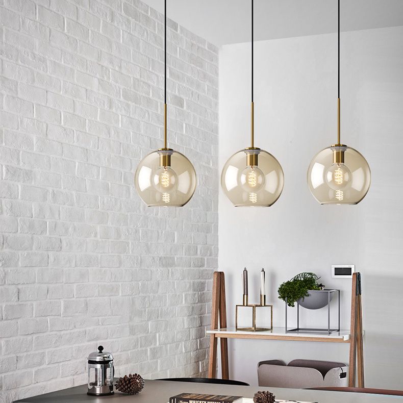 1-Light Pendant Lamp Vintage Cafe Hanging Light with Geometric Glass Shade in Brass