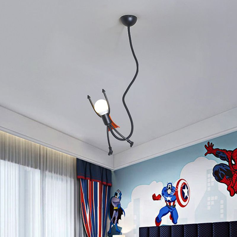 Super Hero Mini Suspension Pendant Light Cartoon Iron Single Kids Bedroom Hanging Lamp in Black with Exposed Bulb Design