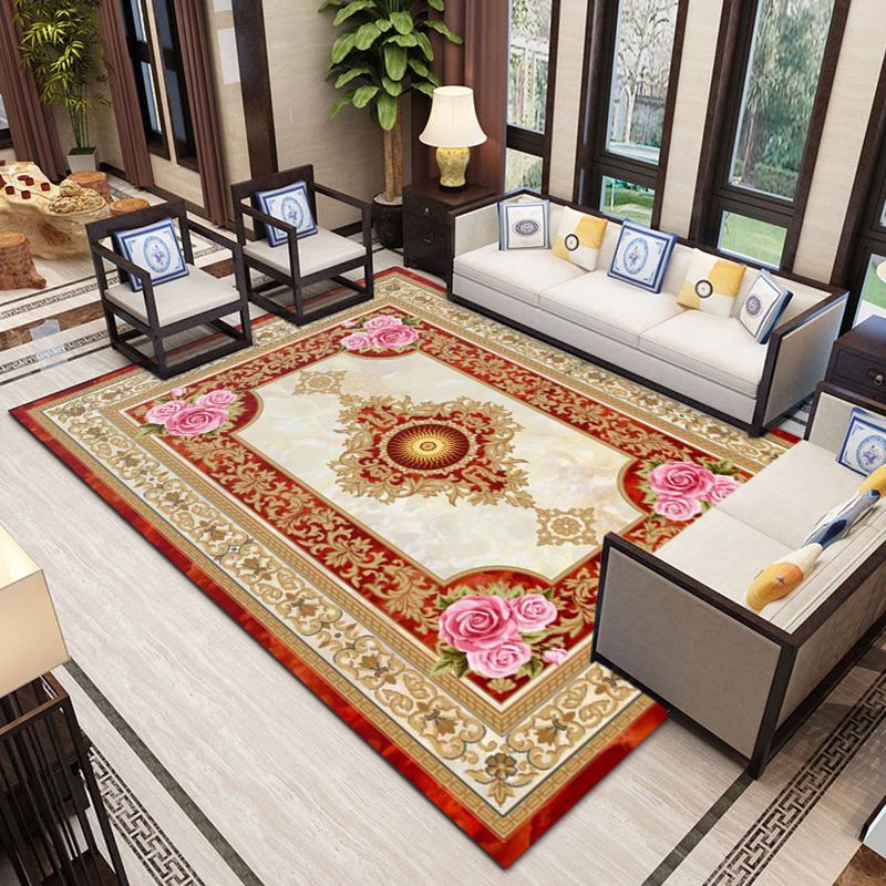 Classical Flower Pattern Rug Polyester Indoor Carpet Non-Slip Backing Area Rug for Living Room