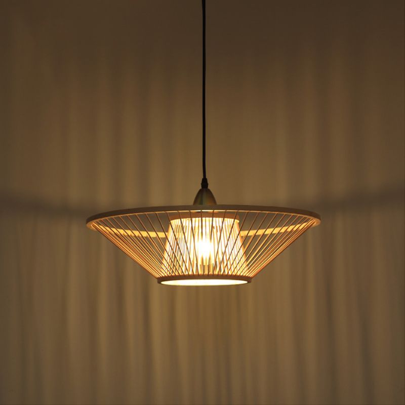 Lampada a soffitto fatta a mano in bambù con tonalità piattino moderna lampada a sospensione beige a 1 luce per sala da pranzo