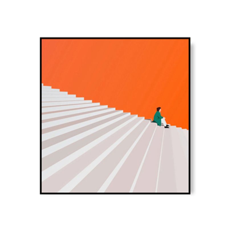 Nordic Man with Stair Painting Still Life Square Wall Art Deco in Orange for Bedroom