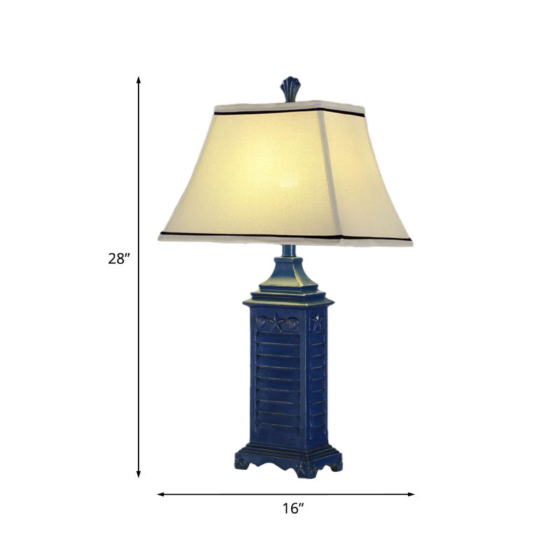 1-Light Pagoda Night Table Lamp Retro White Fabric Nightstand Light with Dark Blue Pedestal