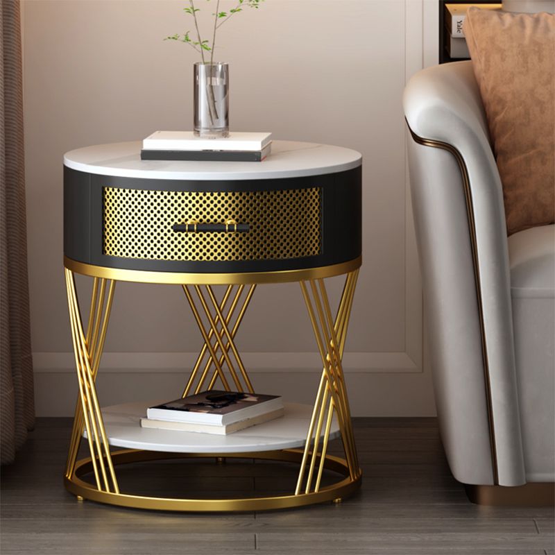 Glam Stone Top Night Table Open Storage 1-Drawer Metal Legs Included Nightstand