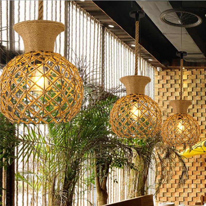 Hemp Rope Caged Hanging Light Vintage Single-Bulb Restaurant Lighting Pendant in Brown