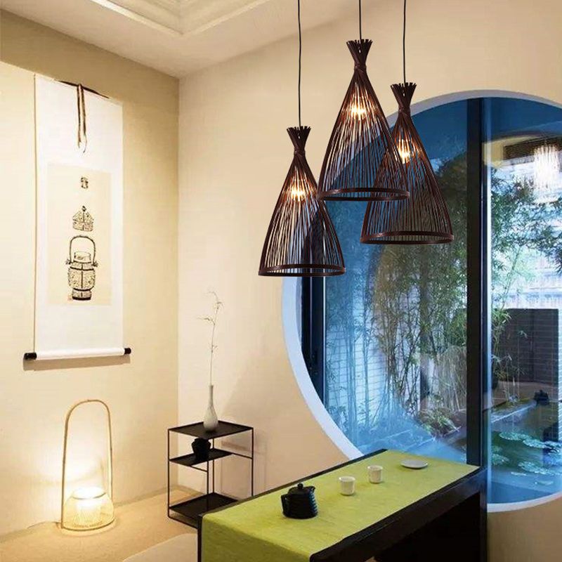 Chinese Cone Pendant Lighting Fixtures Bamboo Hanging Light with Hanging Cord for Restaurant