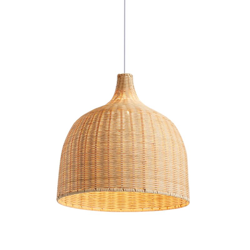 Beige Bowl Ceiling Pendant Lamp Asian 1 Light 11"/18" Wide Bamboo Hanging Light Fixture