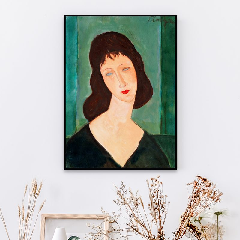 Textured Woman Portrait Wall Art Print Traditional Canvas Painting in Black and Green