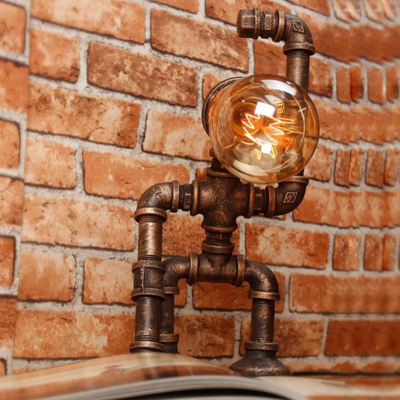 Iron Rust Finish Table Light Hand-Raising Robot 1-Light Farmhouse Nightstand Lamp