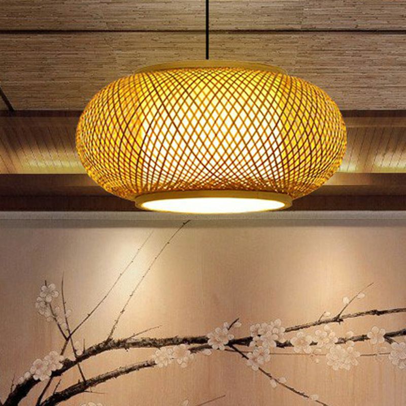 Ronde plafond opknoping lantaarn Aziatische bamboe 1-licht beige ophanging hanglamp