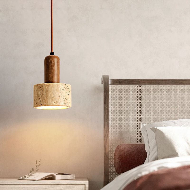 Modern Stone Hanging Lamp 1-Light Pendant Lamp with Wood for Bedroom