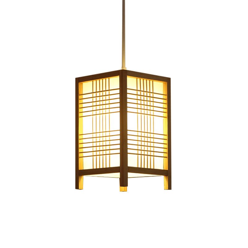 6"/8.5" Wide Wooden Square Hanging Lantern Light Japanese 1-Light Natural Wood Pendant Lamp for Foyer Dining Room