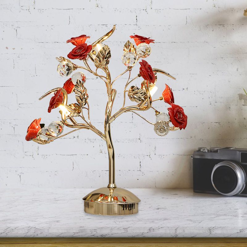 Ceramic Flowering Tree Table Lamp Romantic Pastoral 3-Head Dining Room Nightstand Light in Green/White/Red