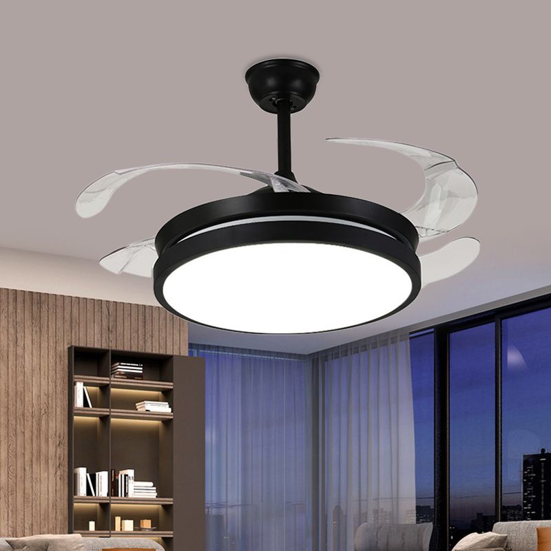 Contemporary Round Pendant Fan Lamp LED Metal 5 Clear Blades Semi Flush Light Fixture in Black for Living Room, 42" W