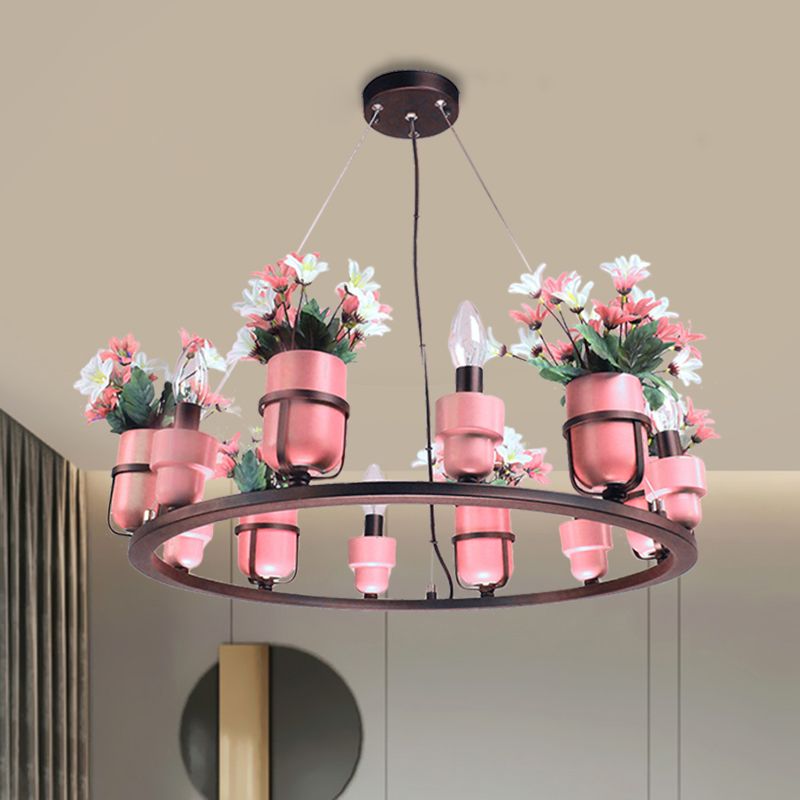 6 ampoules en métal lustre industriel rose / bleu trottoir de lumière circulaire avec conception de bougies