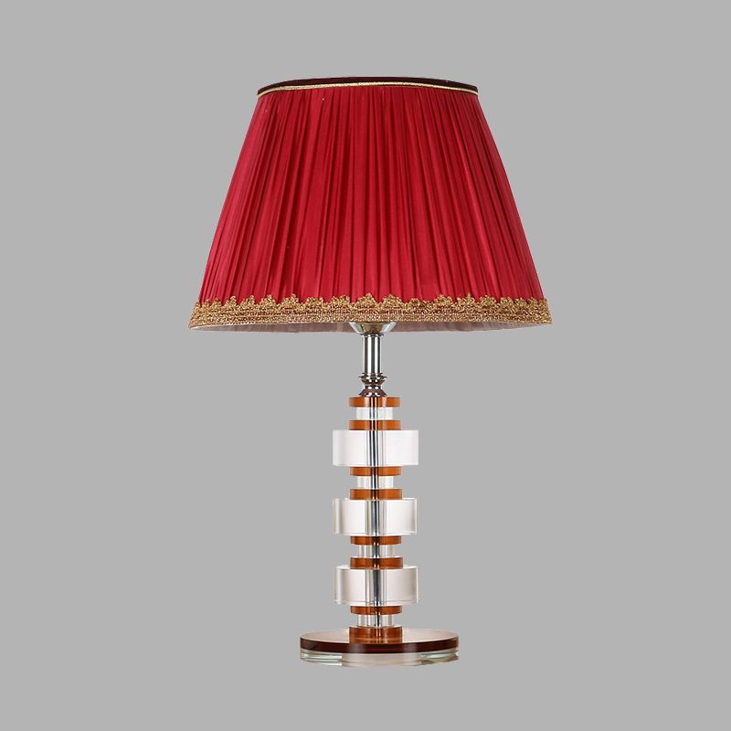 1 Light Fabric Table Lamp Simple Red Tapered Drum Bedroom Nightstand Light with Crystal Accent