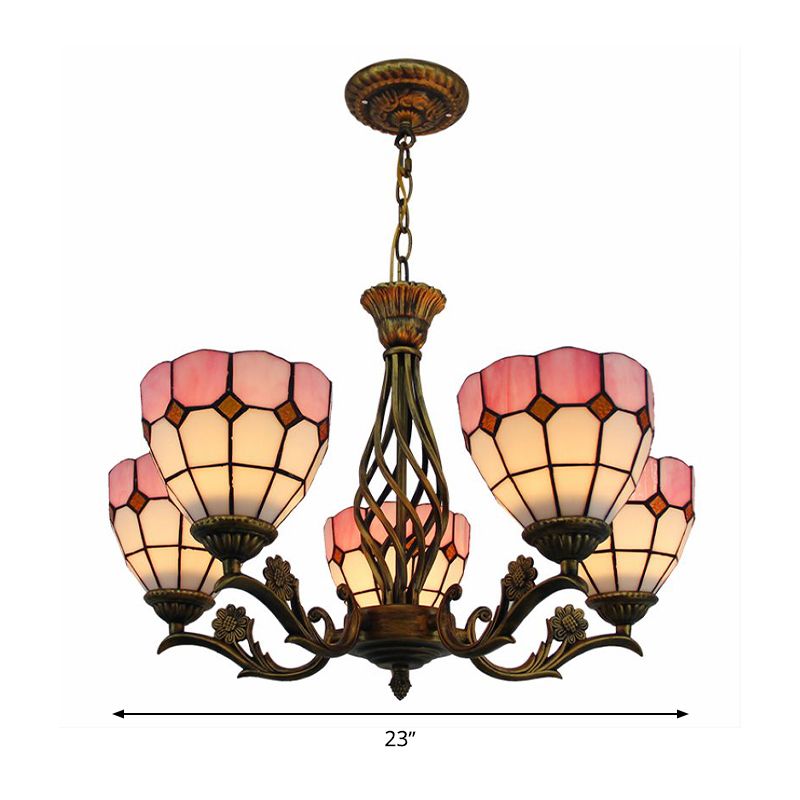 Domed Hanging Chandelier 5 Lights Stained Glass Tiffany Style Ceiling Pendant in Pink