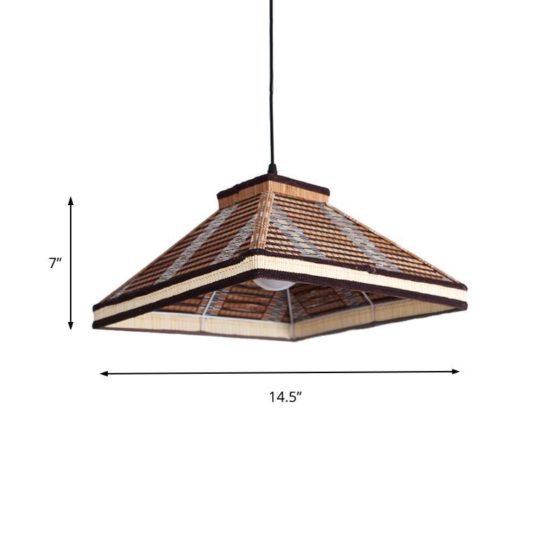 Chinese Pyramid Hanging Ceiling Light Bamboo/Rattan 1 Light Restaurant Pendant Lamp in White/Ivory/Brown