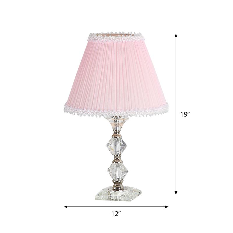 Candlestick Bedroom Desk Light Classic Clear Crystal 1-Head Pink Nightstand Lamp with Scalloped/Tapered Shade