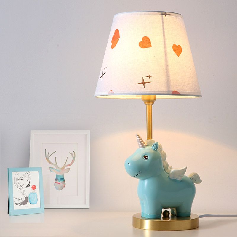 Sika Deer/Unicorn Bedside Table Lamp Resin Single Kids Night Light in Pink/Blue with Tapered Fabric Shade