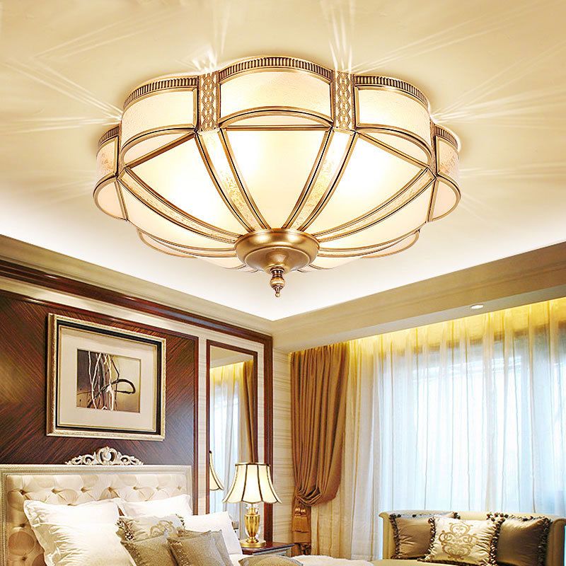 Scalloped Led Bedroom Flush Monte Lighting Classic Frost Glass Gold Semi Flush Chandelier