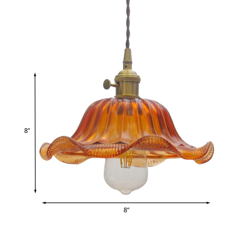 8"/10"/12" Wide Scalloped Pendant Lighting Vintage 1 Light Ribbed Glass Hanging Lamp in Yellow for Living Room