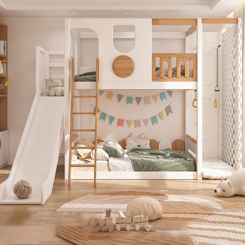 Contemporary White Bunk Bed in Solid Wood with Built-In Ladder