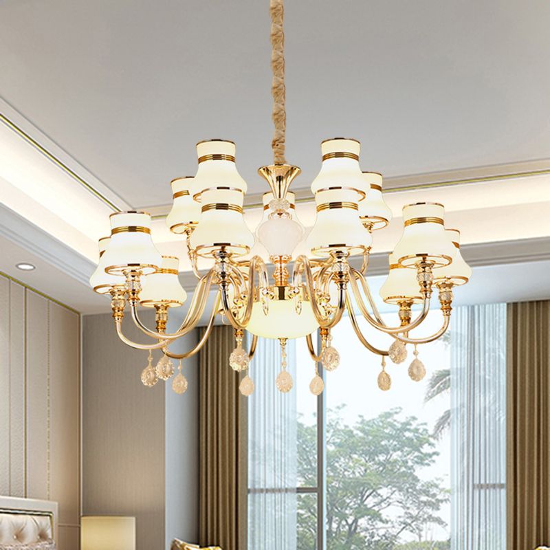 Simple Curvy Arm Suspension Lamp 15 Bulbs Opal Glass Crystal Chandelier Lighting in Gold