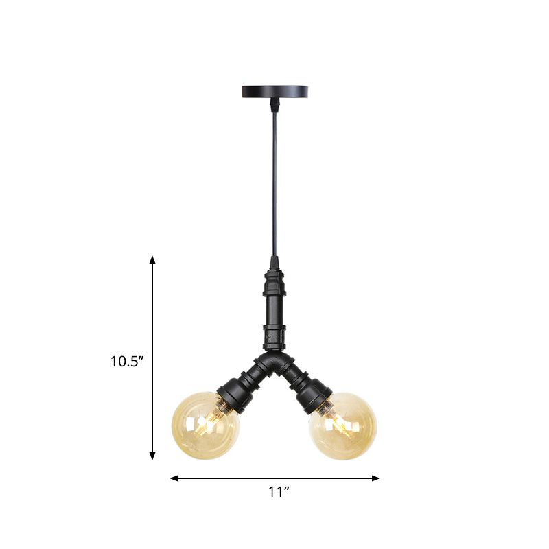 2/3/4-Bulb-Kronleuchter Antiquierkaffeehaus LED-Decke Anhänger Licht mit Kugel Bernsteinglas Schatten in Schwarz