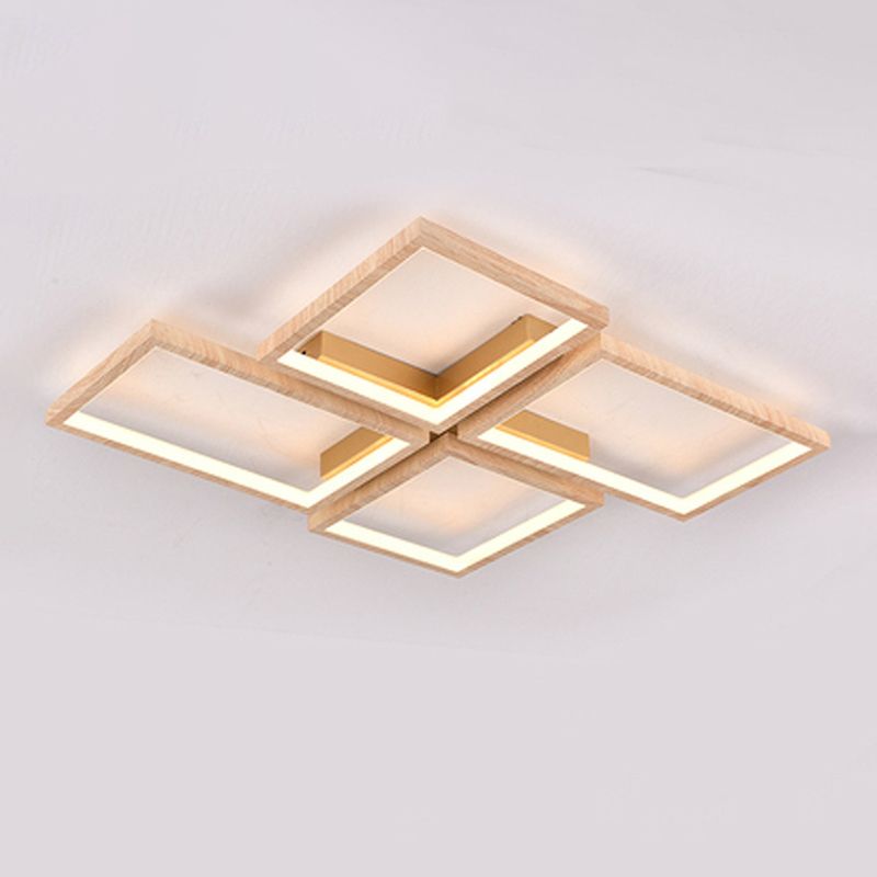 Modern Style Square Shape Flush Mount 4-Lights Wood Ceiling Light for Living Room