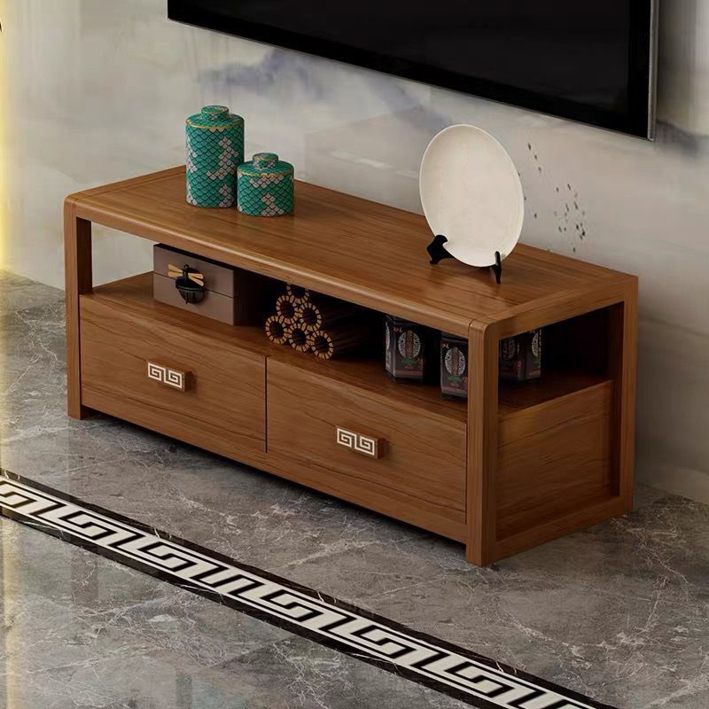 Brown Rubber Wood TV Stand Contemporary Style TV Cabinet with 2 Drawers
