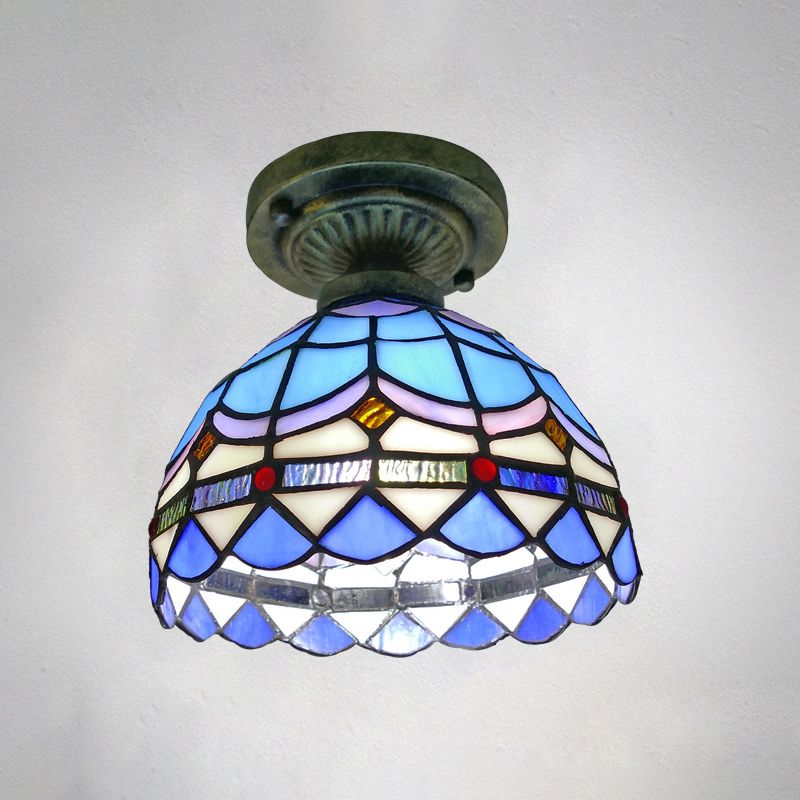 Single Semi Flush Tiffany Style Bowl Shade Stained Art Glass Flush Ceiling Light Fixture