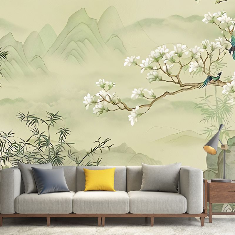 Elegant Flower and Mountain Mural for Home Decoration, Pastel Green, Personalized Size Available