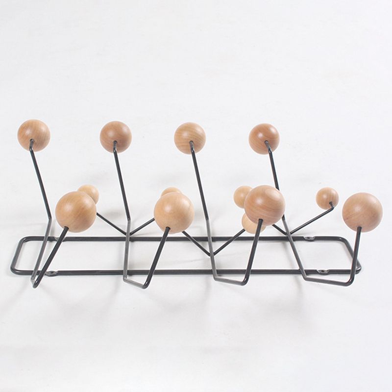 Industrial Hooks Punch-Free Metal Wall-Mounted Coat Rack with Wood Ball Decoration