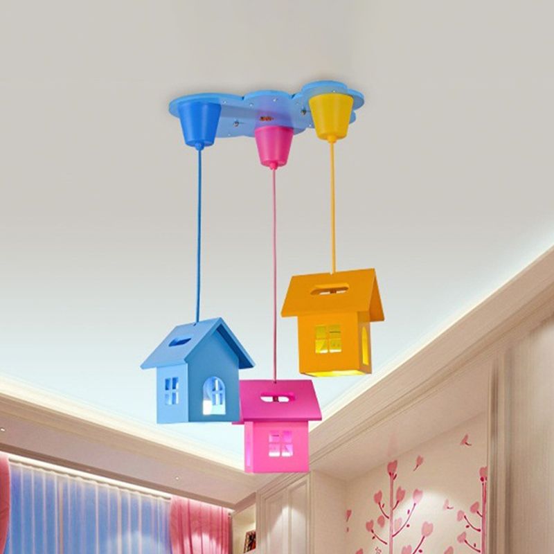 3-Head Bedroom Cluster Pendant Lighting Kids Blue-Pink-Yellow Hanging Light with House Wooden Shade