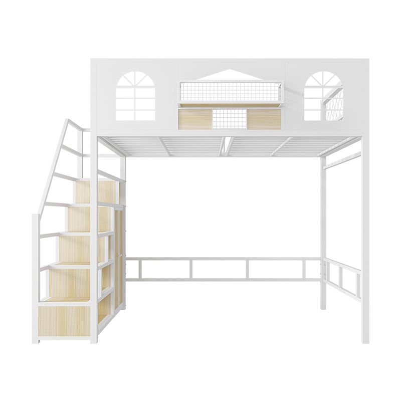 Contemporary Iron Frame Loft Bed with Guardrails and Staircase/Built-In Ladder