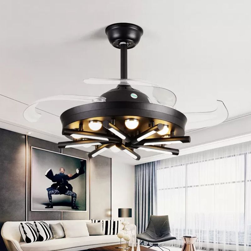 19" Wide Radial Semi Flush Light Fixture Modernism Metal LED Bedroom Pendant Fan Lamp with 4 Blades