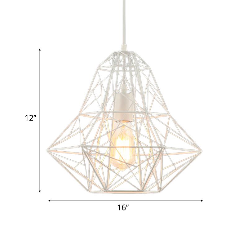 Industrial Cage Diamond Pendant Lighting 1 Head Metallic Hanging Lamp in Black/White for Dining Room, 16"/19.5" Dia