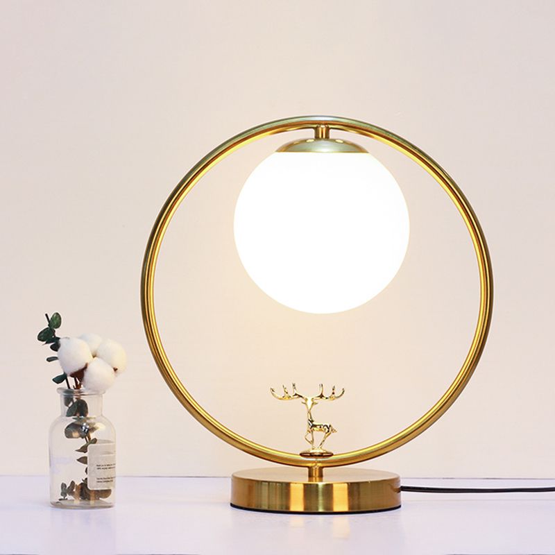 Ball Bedside Nightstand Light Opal Glass 1-Bulb Retro Style Desk Lamp with Metal Deer Deco in Gold